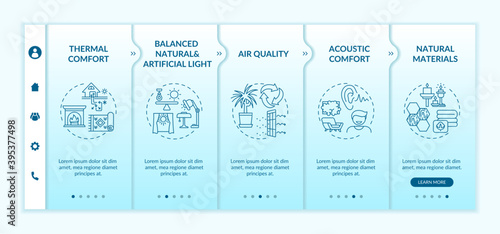 Ergonomic house design onboarding vector template. Thermal comfort. Living space. Natural materials. Responsive mobile website with icons. Webpage walkthrough step screens. RGB color concept