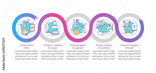 Winter blues symptoms vector infographic template. Changes in appetite, anxiety presentation design elements. Data visualization with 5 steps. Process timeline chart. Workflow layout with linear icons