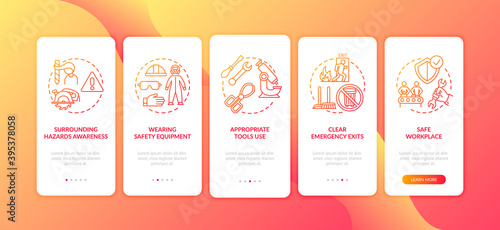 Workplace safety elements onboarding mobile app page screen with concepts. Appropriate tools use walkthrough 5 steps graphic instructions. UI vector template with RGB color illustrations