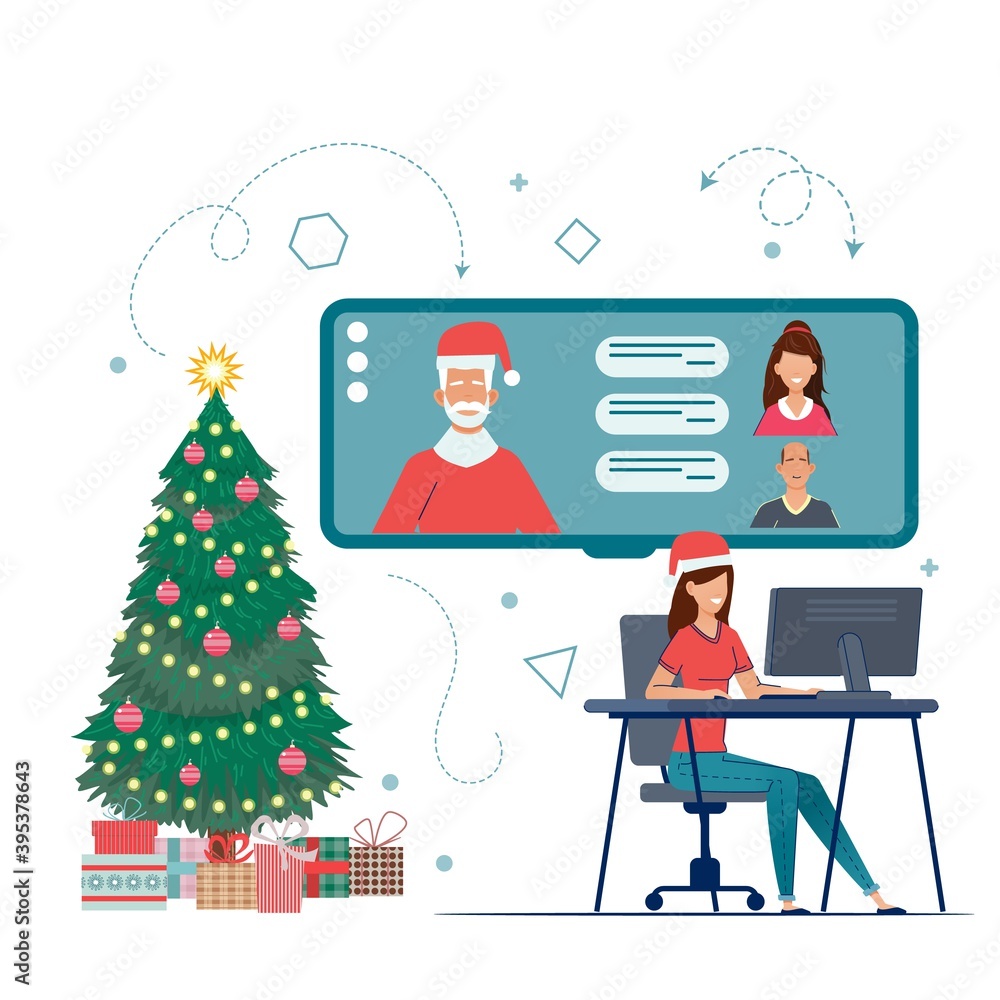 Girl chatting with a group of people online for the Christmas holidays.
