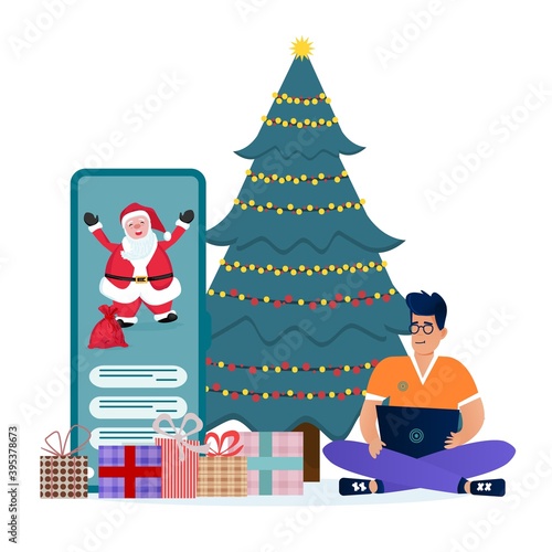 Wallpaper Mural Online Christmas concept, man video calling to say hi Santa Claus on a computer Torontodigital.ca