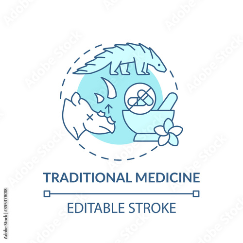 Traditional medicine turquoise concept icon. Exotic animal abuse. Biodiversity loss. Wildlife extinction idea thin line illustration. Vector isolated outline RGB color drawing. Editable stroke