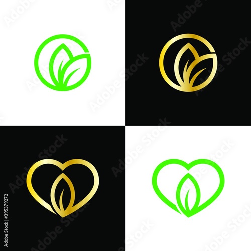 a set of leaf and heart vector illustrations for organic icons, symbols and logos. logos for plant and organic food lovers