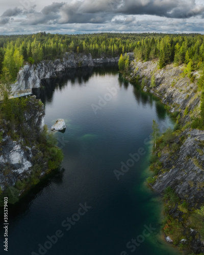 Aerial drone view to Marble canyon in Ruskeala Nature Reserve in Republic of Karelia, North Russia © Ivan Kurmyshov