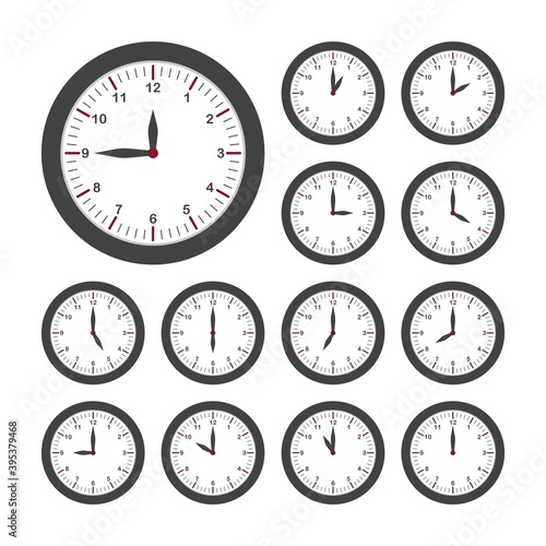 Set of round clocks for every hour. Analog clock with circle shape, time and minutes. Vector