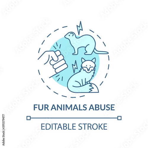 Fur animals abuse turquoise concept icon. Harm to fox. Mink coat. Animal abuse and cruelty. Fur factory idea thin line illustration. Vector isolated outline RGB color drawing. Editable stroke