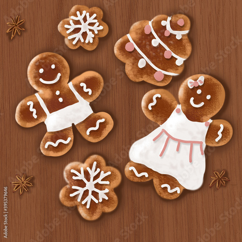 gingerbread Christmas cookies,  lovely family time baking together, illustration for cards, textile or Christmas decoration