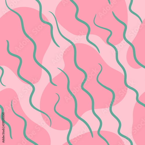 Samless abstract pattern with organic fluid shapes and lines. Vector pink background