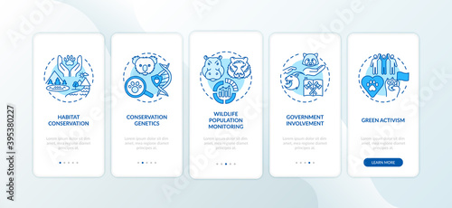 Preserve nature blue onboarding mobile app page screen with concepts. Habitat conservation. Environment walkthrough 5 steps graphic instructions. UI vector template with RGB color illustrations