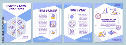 Hunting laws violations brochure template. Using traps and nets. Flyer, booklet, leaflet print, cover design with linear icons. Vector layouts for magazines, annual reports, advertising posters