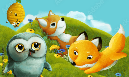 cartoon scene with forest animal on the meadow having fun - illustration