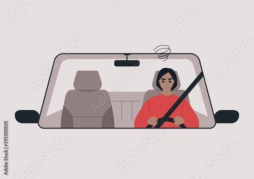 A front view of a car driven by a young annoyed female character, daily commute, traffic jam, a car ride scene