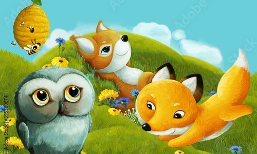 cartoon scene with forest animal on the meadow having fun - illustration