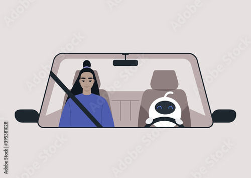 A driverless car concept, a white cute robot driving a vehicle with a passenger on a front seat
