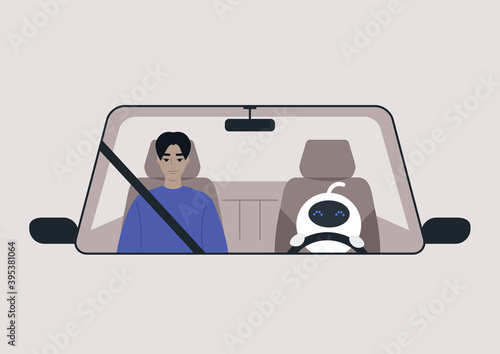 A driverless car concept, a white cute robot driving a vehicle with a passenger on a front seat