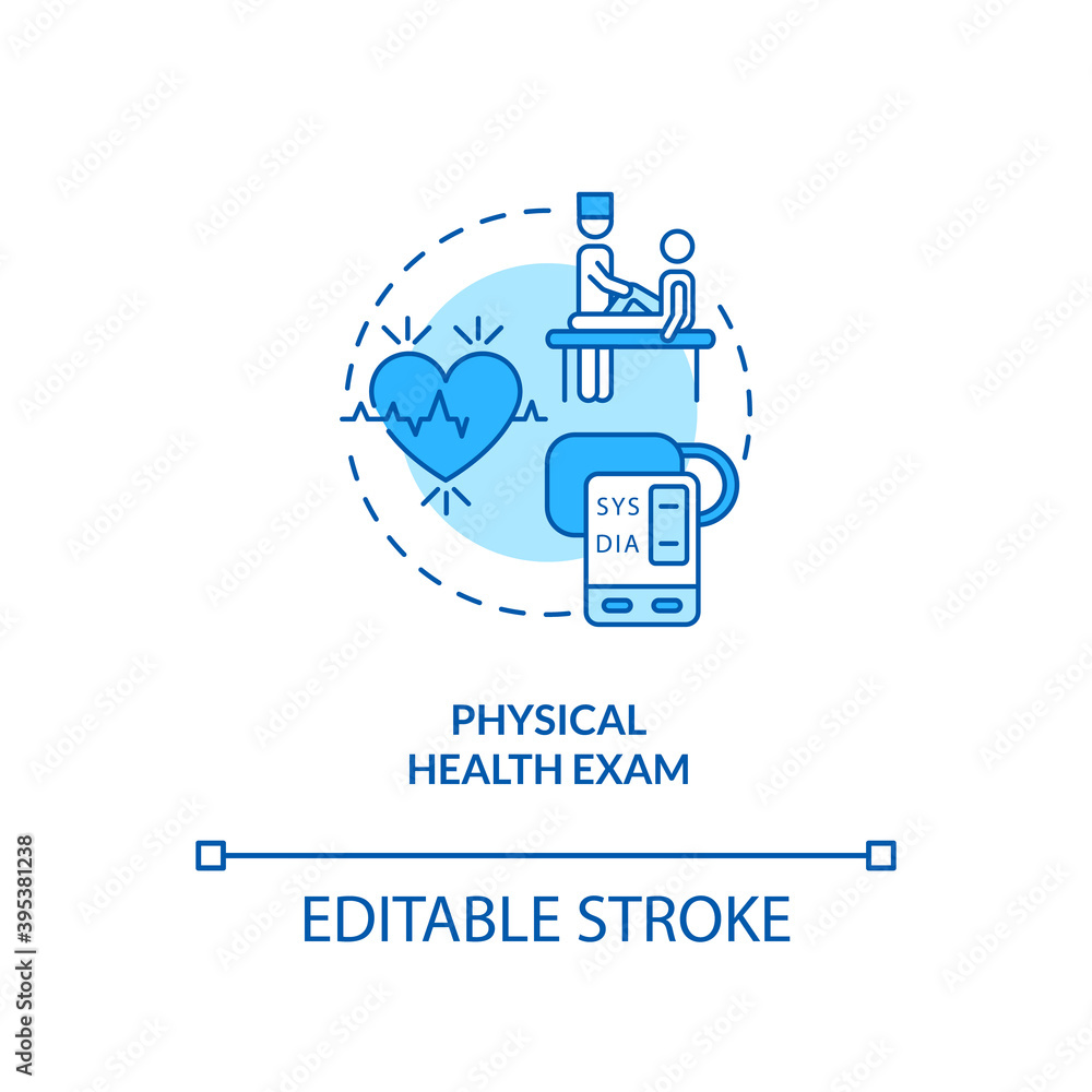 Physical health exam concept icon. CFS diagnostics idea thin line illustration. Weight, temperature, blood pressure monitoring. Vector isolated outline RGB color drawing. Editable stroke Physical health exam concept icon. CFS diagnostics idea thin line illustration. Weight, temperature, blood pressure monitoring. Vector isolated outline RGB color drawing. Editable stroke