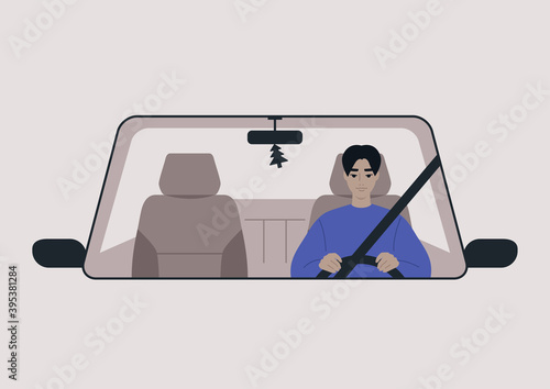 A front view of a car driven by a young male Asian character, daily commute, a road trip scene