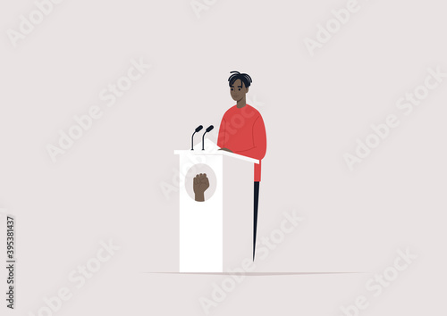 Black people rights, a male African American character standing standing behind the pulpit with a fist emblem on it, political process