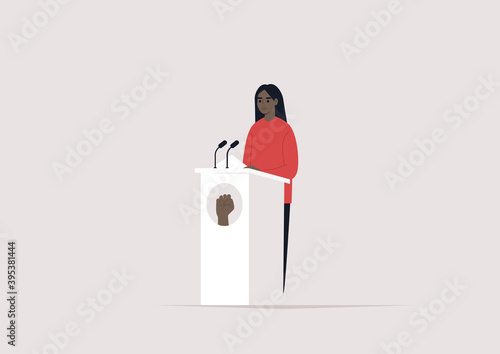 Black people rights, a female African American character standing standing behind the pulpit with a fist emblem on it, political process