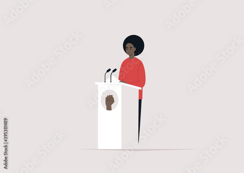 Black people rights, a female African American character standing standing behind the pulpit with a fist emblem on it, political process