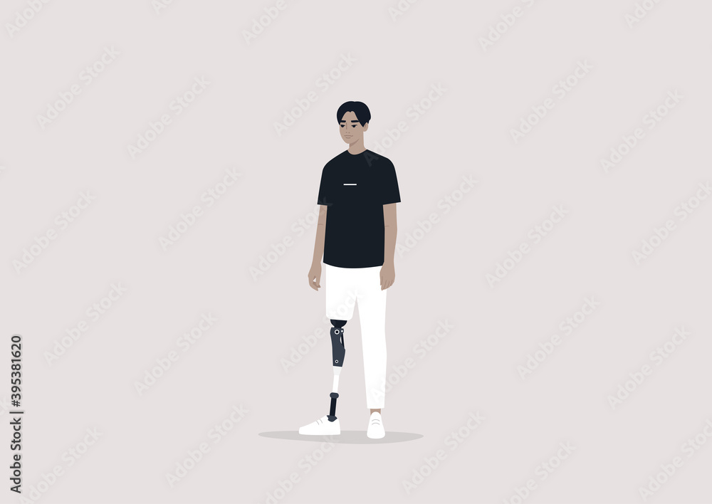 Young male Asian character with a prosthetic leg, Modern people with disabilities, New medical  technologies, Flat editable vector illustration, clip art