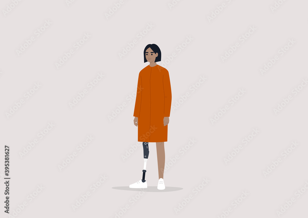 Young female character with a prosthetic leg, Modern people with disabilities, New medical technologies, Flat editable vector illustration, clip art Young female character with a prosthetic leg, Modern people with disabilities, New medical technologies, Flat editable vector illustration, clip art