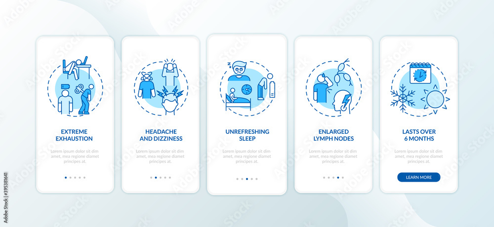 CFS symptoms onboarding mobile app page screen with concepts. Severe exhaustion, migraine and dizziness walkthrough 5 steps graphic instructions. UI vector template with RGB color illustrations