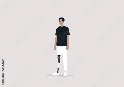 Young male Asian character with a prosthetic leg, Modern people with disabilities, New medical  technologies, Flat editable vector illustration, clip art