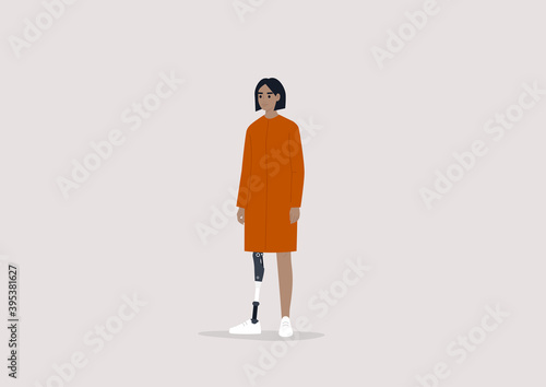 Young female character with a prosthetic leg, Modern people with disabilities, New medical  technologies, Flat editable vector illustration, clip art