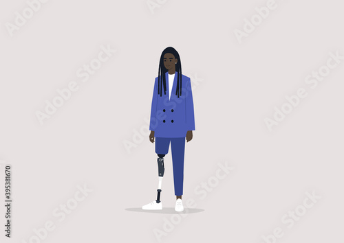 Young male Black character with a prosthetic leg, Modern people with disabilities, New medical  technologies, Flat editable vector illustration, clip art