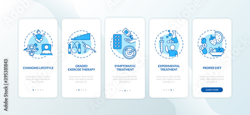 CFS treatment onboarding mobile app page screen with concepts. Experimental, symptomatic therapy walkthrough 5 steps graphic instructions. UI vector template with RGB color illustrations