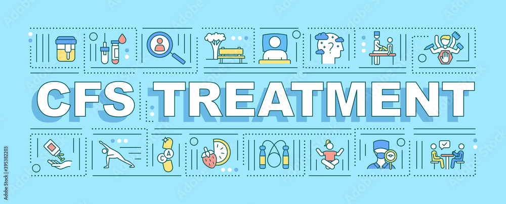 CFS treatment word concepts banner. Chronic fatigue syndrome medical help. Infographics with linear icons on purple background. Isolated typography. Vector outline RGB color illustration CFS treatment word concepts banner. Chronic fatigue syndrome medical help. Infographics with linear icons on purple background. Isolated typography. Vector outline RGB color illustration