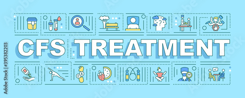 CFS treatment word concepts banner. Chronic fatigue syndrome medical help. Infographics with linear icons on purple background. Isolated typography. Vector outline RGB color illustration