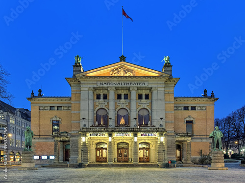 Norwegian National Theater in Oslo in dusk photo