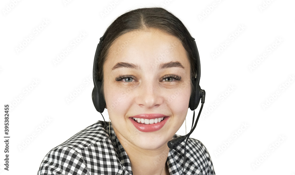 Customer support operator close up portrait. Young friendly operator woman agent with headsets working in a office or call center. Young operator with a smile. Customer support operator close up portrait. Young friendly operator woman agent with headsets working in a office or call center. Young operator with a smile.