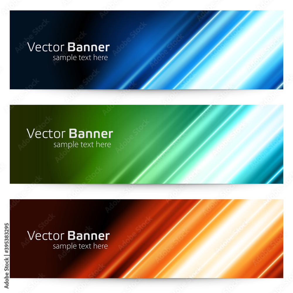 Fototapeta premium Abstract linear 3d banner from geometric stripes vector template. Ribbed blue lines with bright flashes of light in center.