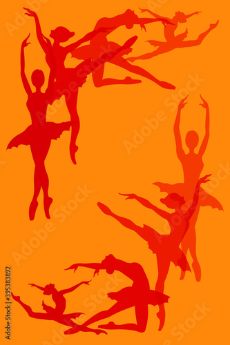 silhouettes of red dancing ballerinas isolated on orange background