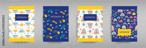 Set iridescent covers for notebooks with Boho rainbows, clouds and stars. For the design of childrens books, brochures, templates for school diaries. Vector illustration. Blue and white