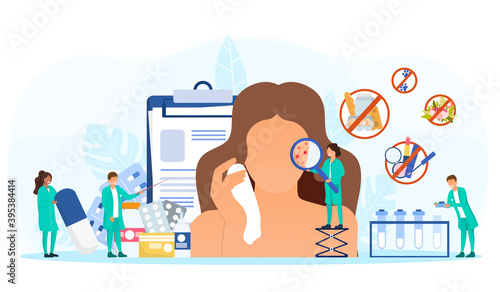 Female face with allergies and acne. Concept of allergology disease and medical treatment. Doctors examining red spots, giving prescription, making list of forbidden food. Flat vector illustration