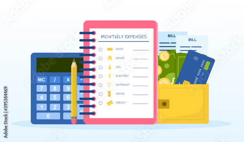 Checklist of monthly expenses. Notebook, calculator and wallet with credit cards and cash to make calculating more precise. Flat cartoon vector illustration