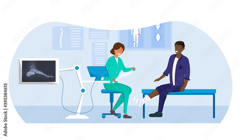 Female doctor in uniform examines black patient with broken leg. X-ray scan of ankle bone. Concept of importance of doctor healthcare and medical treatment. Flat cartoon vector illustration