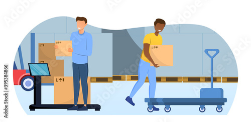 Multiracial warehouse workers loading and stacking cargo. Concept of warehouse managment with forklift truck and scales. Industrial logistics, merchandising business. Flat cartoon vector illustration
