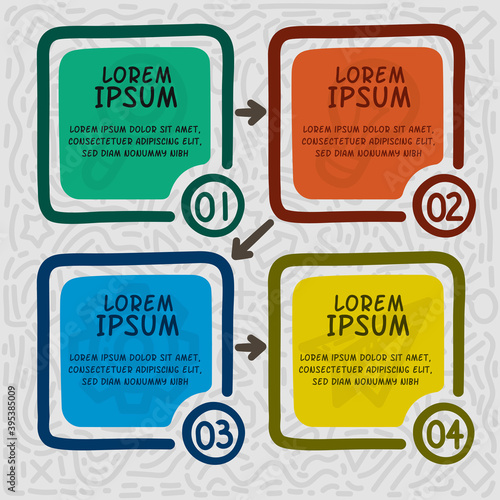 Company timeline. Business infographic template with hand drawn icons. Infographic steps in squares. Vector.