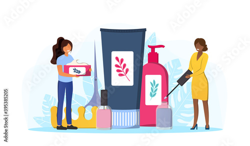 Multiracial female characters showing manicure equipment. Abstract concept of beauty industry. Nail treatment and design. Manicure master is doing a manicure. Flat cartoon vector illustration