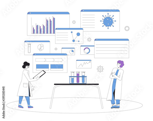 Vaccine reseach concept. Coronavirus treatment complete development. Laboratory finding prevention medicine. Scientists conclude phase 3 study of covid vaccine candidate. Vector line art illustration