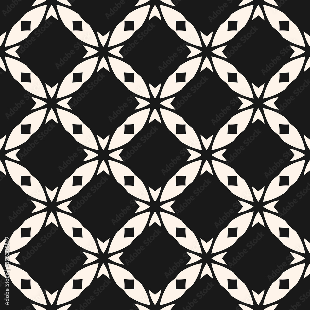Vector abstract monochrome seamless pattern with carved grid, crosses, diamond shapes, squares, floral silhouettes. Black and white geometric texture. Elegant background. Repeat decorative design Vector abstract monochrome seamless pattern with carved grid, crosses, diamond shapes, squares, floral silhouettes. Black and white geometric texture. Elegant background. Repeat decorative design