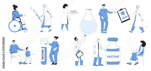 Coronavirus vaccination and treatment set. Doctors, scientists and patients chatacters isolated on white background. Corona virus research complete development. Vector line art illustration