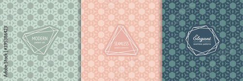 Modern abstract seamless pattern collection. Stylish geometric textures with hexagons, floral shapes, grid. Simple background set in turquoise, pink, green color. Design template for decor, print