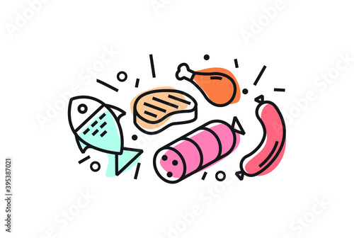 Set of colorful meat and fish icons isolated.  Trendy linear style, Healthy lifestyle. food icons.