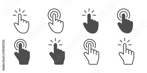 Cursor click collection. Concept cursor computer mouses, isolated. Clicking cursor vector icons linear and flat style. Pointing hand clicks. Vector illustration